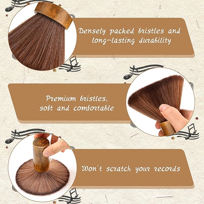 3 Pcs Vinyl Record Cleaning Brush Wooden Anti Static Dust Record Vinyl Cleaner Kit Player Accessories Gift for Music Lovers(Dark Brown)