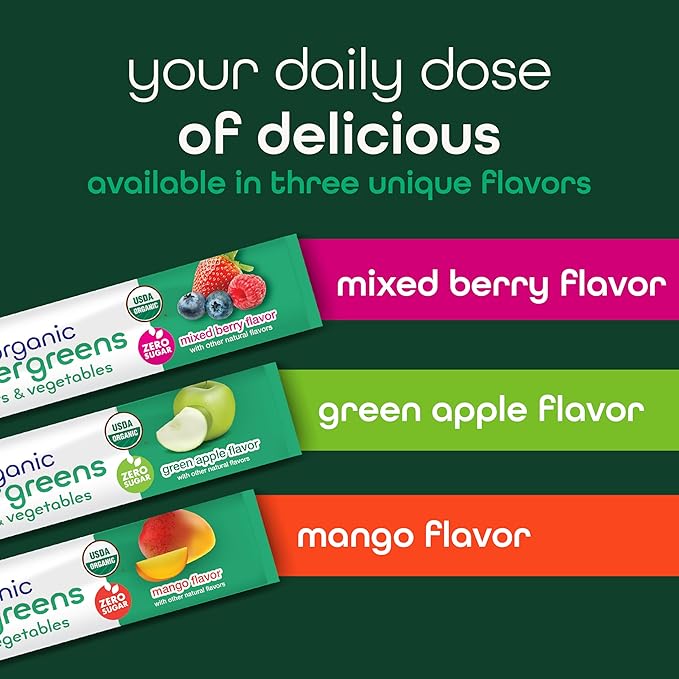 Zena Nutrition Organic Super Greens Powder, 70+ Superfoods, 0 Sugar, 3g Fiber, Spirulina, Chlorella, Mushrooms, Prebiotics/Probiotics, Digestive Enzymes, Gut Health, Green Apple, 30 Drink Mix Packets