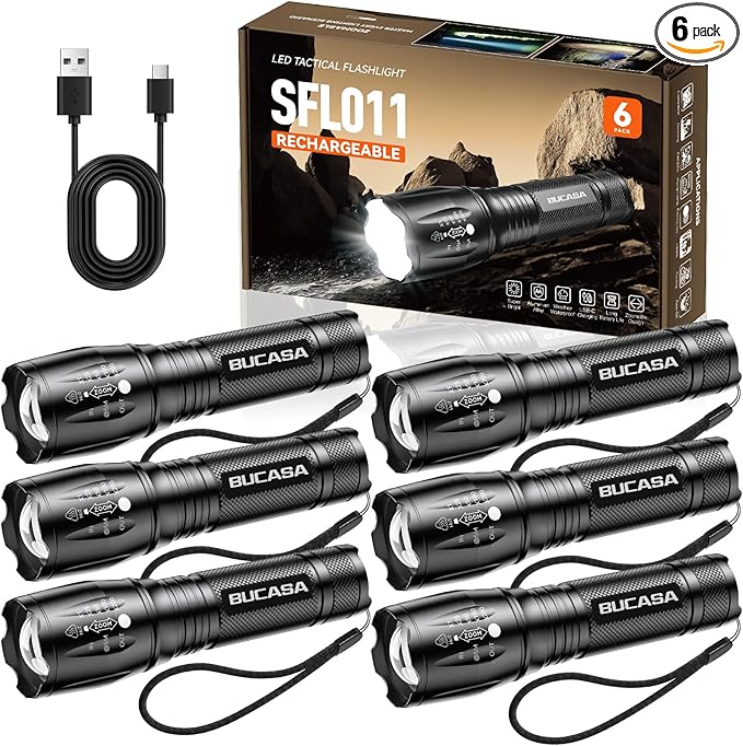 6 Pack Rechargeable Flashlights High Lumens, Brighter Small Flashlight Powerful Tactical Flashlights Rechargeable, Waterproof LED Flashlight with 3 Zoomable Modes for Camping Emergency