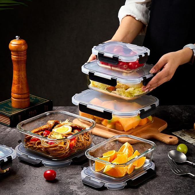 Belgol 8 Pack Glass Meal Prep Containers with Lids, Extra Thick Airtight Food Storage Set (310ml-1510ml/10.5oz–51oz), Leakproof Lunch Boxes for Leftovers