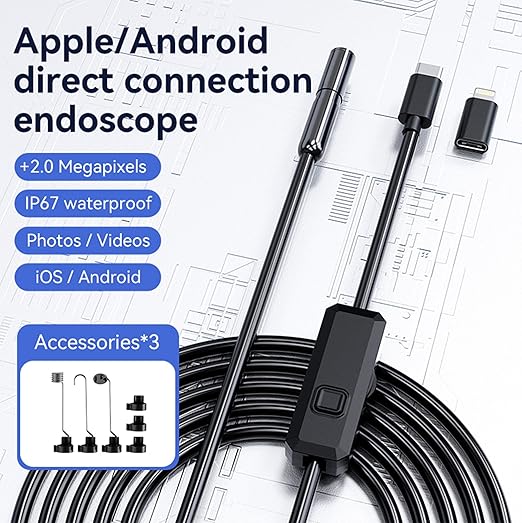 1920P HD Endoscope Camera with 8 Light, 9.8ft Ultra-Maneuverable Borescope for Smartphones, Handy Tangle-Free Snake Lightweight Inspection, Semi-Rigid Cable for Android and iOS, iPhone, iPad, Tablets