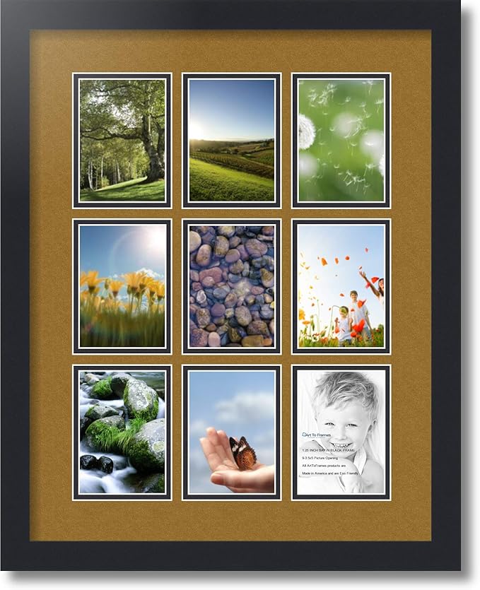 ArtToFrames Collage Photo Frame Double Mat with 9-3.5x5 Openings with Satin Black Frame and El Dorado mat.