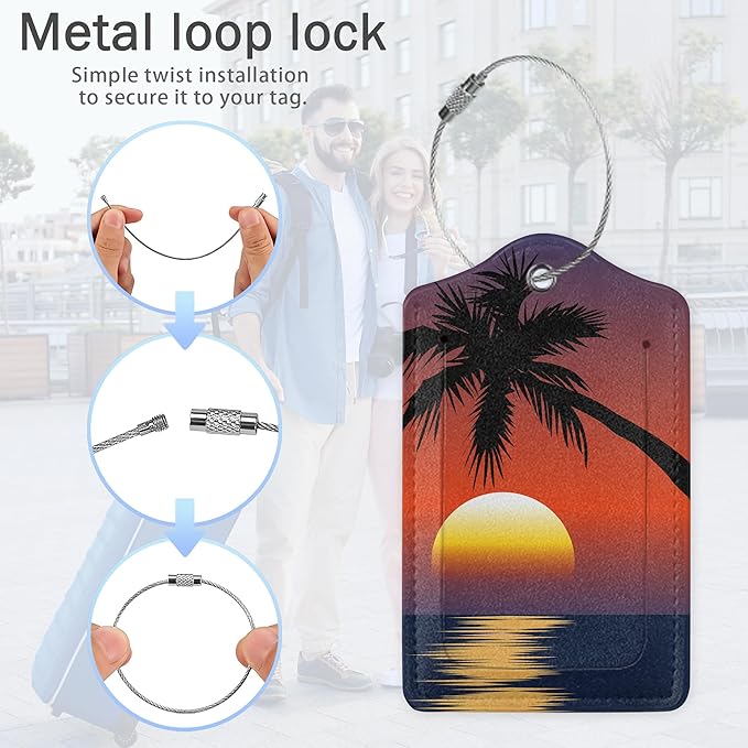 3 Pack Luggage Tags,Tropical Palm Sunset Sea Beach PU Leather Luggage Tags for Suitcase,Name ID Labels with Privacy Cover Suitcases and Metal Loop for Bag Suitcase
