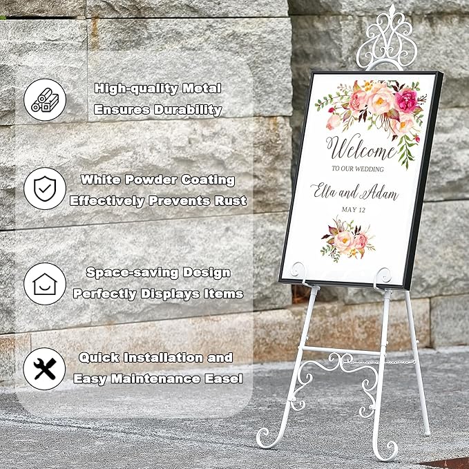 59" H Metal White Easel Stand for Sign, Large Adjustable Free Standing Scroll Display Easel for Wedding Sign Mirror Picture Poster Holder Showcasing