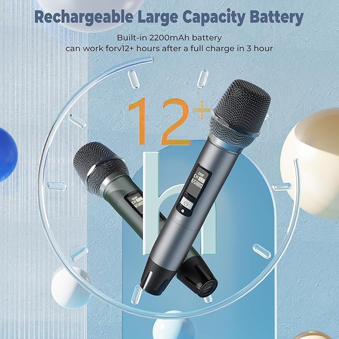 Wireless Microphones, Professional UHF Dual Microphones for Karaoke, Wireless Dynamic Microphone System Set with Rechargeable Receiver,Plug and Play, Speech, Wedding, Church, PA System