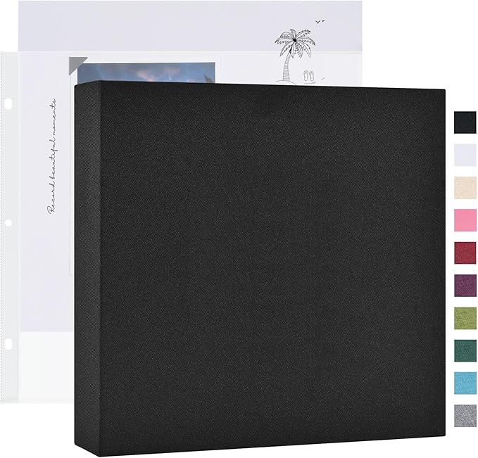 Mublalbum 8x8 Inch Small 3 Ring DIY Scrapbook Photo Album with 20 Plastic Sleeves 40 Pages Linen Cover Folder Binder for Baby Travel Wedding Anniversary and DIY Projects (Black)