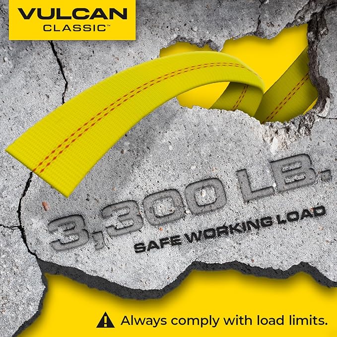 VULCAN Car Tie Down with Chain Anchors - Lasso Style - 2 Inch x 96 Inch - 4 Pack - Classic Yellow - 3,300 Pound Safe Working Load