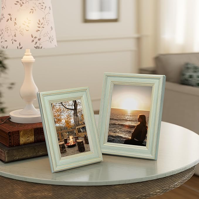 Vittanly 4x6 Picture Frame Set of 4, Vintage Photo Frame for Wall or Tabletop, Display 4x6 Pictures, Rustic Farmhouse Home Decor, Light Green
