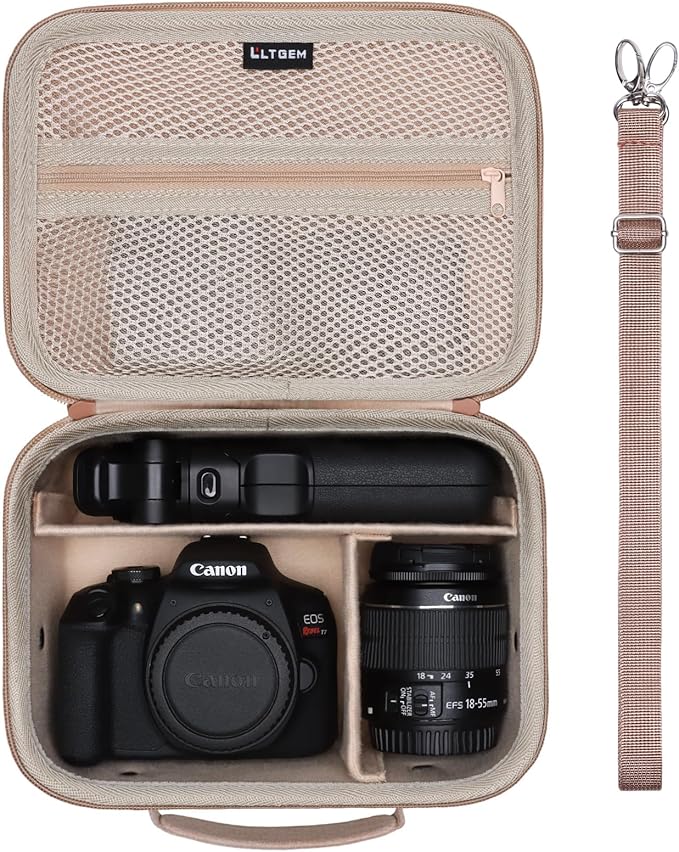 Camera Case Compatible with Canon EOS Rebel T7/R50/R6 Mark II/R100/R50 V/T6/R8/R10/R5 Mark II/RP/R7/5D Mark IV/SL3/R5/T100 DSLR SLR Camera, Len and Tripod with 4 Dividers and Shoulder Strap, Beige