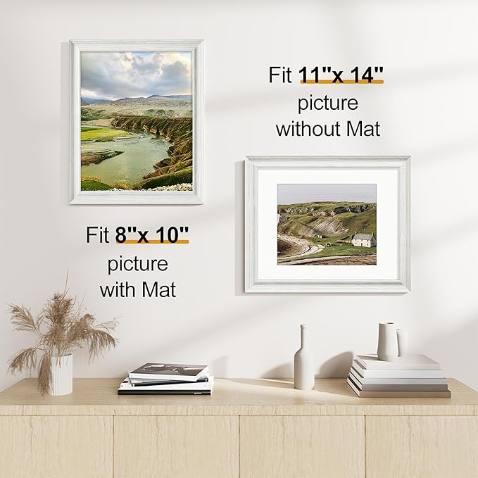 Vittanly 11x14 Picture Frames Set of 2, Ornate Vintage Photo Frame for Wall or Tabletop, Display 8x10 Pictures with Mat or 11x14 without Mat, Rustic White