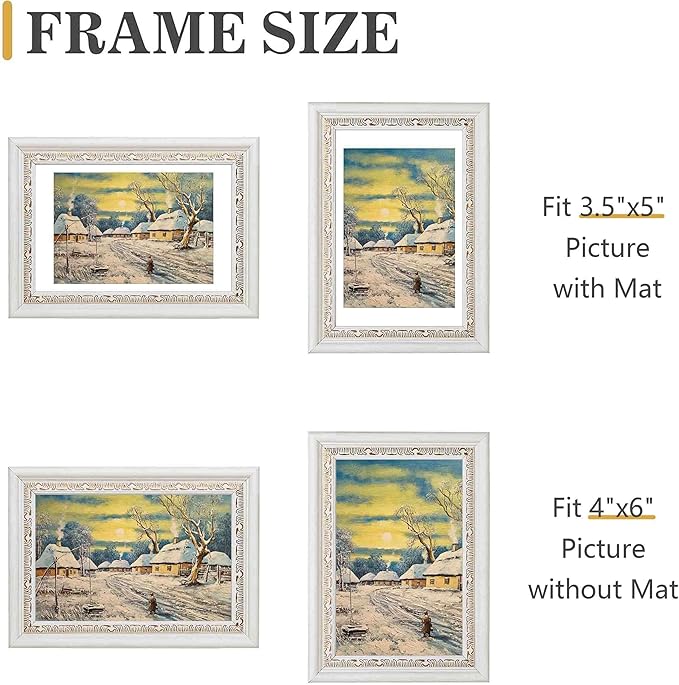 VIOLABBEY 4x6 White Gold Picture Frame, Display 3.5x5 Photo with Mat or 4x6 without Mat, Ornate Vintage 4 x 6 White Gold Frame for Wall Decor or Tabletop Display