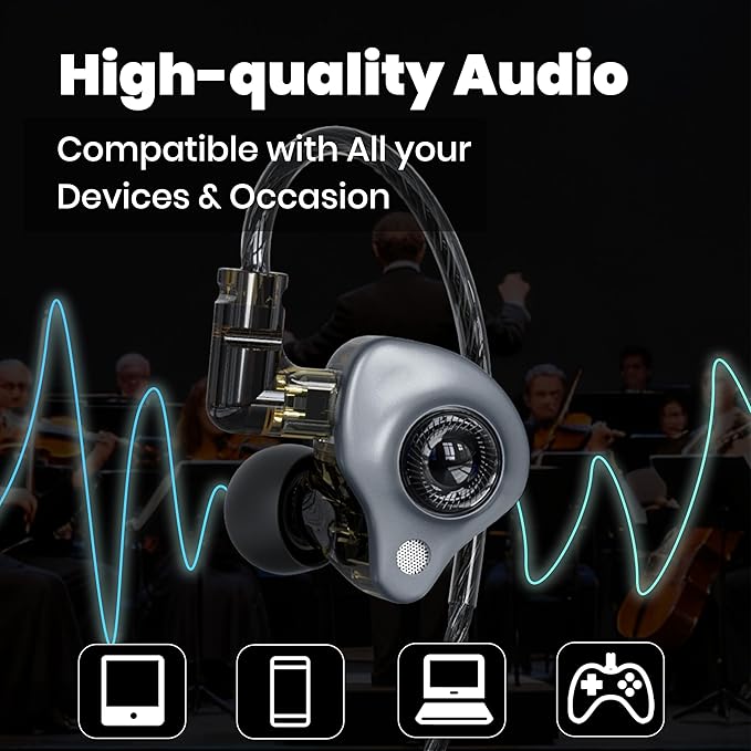 in Ear Monitor Headphones with Mic, 10mm Dynamic Driver HiFi IEM Earphones, Crystal Clear Sound IEM Earbuds with Detachable 4N OFC Cable, USB C Wired Gaming Earbuds