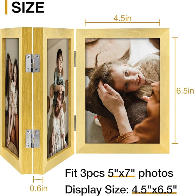 decorUhome Triple 5x7 Picture Frame Vertical, Engineered Wood Trifold Photo Frame with Plexiglass for Tabletop Display, 5x7, Gold