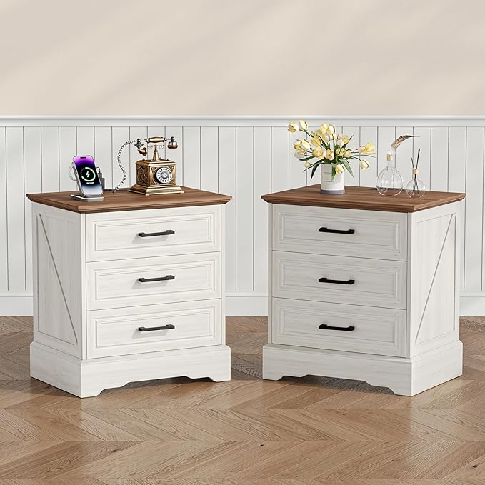 Farmhouse Nightstand with Charging Station, 22" Wide Bedside Table with 3 Large Drawers & Bar Handles, Side End Table with Stable Support Base, for Bedroom, Off White