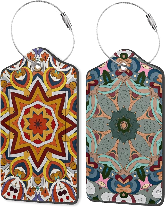 Mandela Boho Style 2 Pack PU Leather Luggage Tags for Suitcase, Travel Cruise Tags with Privacy Flap, Name ID Label and Metal Loop for Women Men Baggage Handbag School Bag Backpack