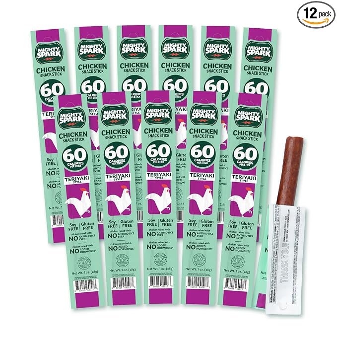 Mighty Spark Chicken Snack Sticks - Teriyaki - 6g of Protein, No Antibiotics, No Hormones, Gluten Free, Soy Free Meat Sticks - High Protein Keto Snacks, Weight Watchers Approved - 12 Count