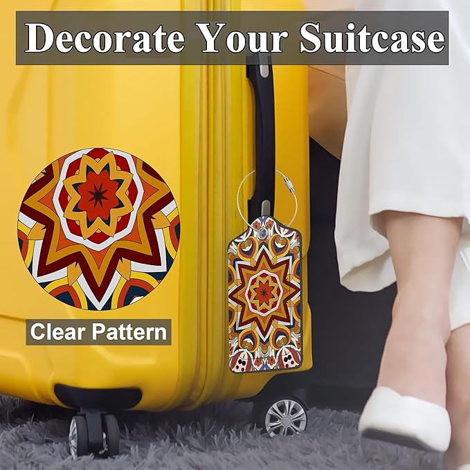 Mandela Boho Style 2 Pack PU Leather Luggage Tags for Suitcase, Travel Cruise Tags with Privacy Flap, Name ID Label and Metal Loop for Women Men Baggage Handbag School Bag Backpack