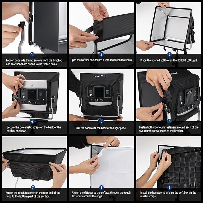 NEEWER Upgraded Softbox Diffuser for NL660 RGB660 PRO II LED Video Light Panel, 12.6"x11.6" Foldable with Grid/Bag/Blackout Hood, No Need to Remove barndoors Quick Set Up for Soft Light, NS4S