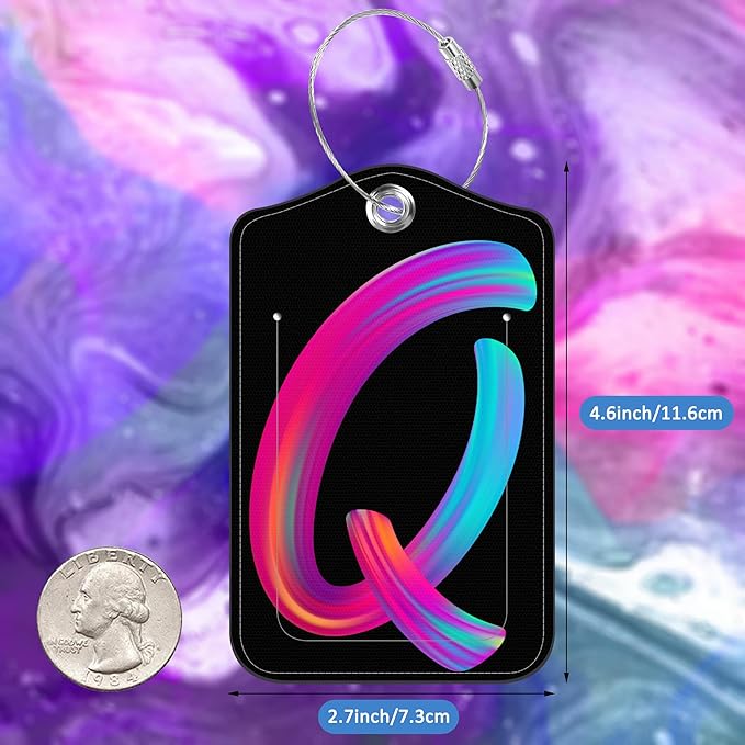 Luggage Tags for Suitcase,2 Pack Neon Colorful Letters Luggage Tags,Leather Baggage Tags Identifiers with Privacy Name Address Labels and Metal Loop for Women Men Girls Travel,Letter Q