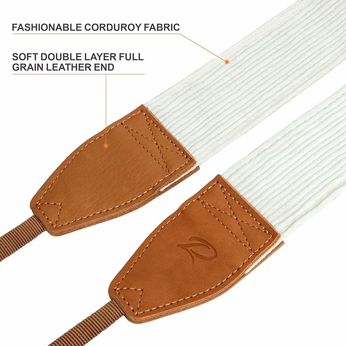Padwa Lifestyle White Corduroy Camera Strap - 2" Double Layer Full Grain Cowhide Leather Head Camera Straps for Photographers, Unique Soft Corduroy Fabric with Quick Release fits all Cameras