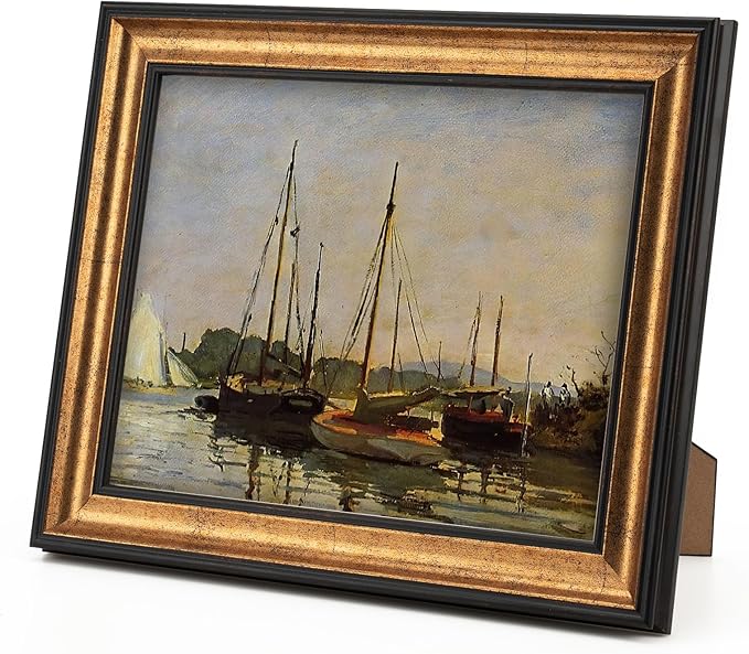 8x10 Real Wood Antique Gold with Dark Brown Trim Picture Frame - Easel Stand, Sawtooth Hanger - Landscape, Portrait Display, Matted for 5x7 Photos, Frinearts