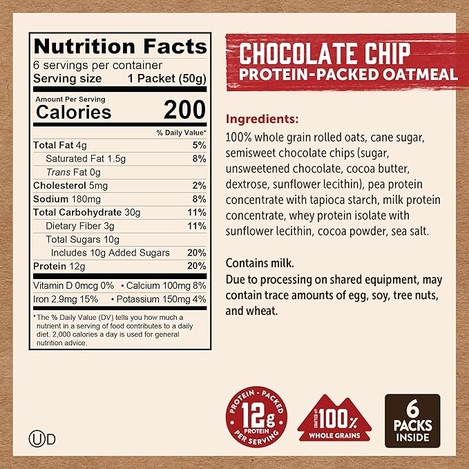 Kodiak Instant Oatmeal Packets, Chocolate Chip, High Protein, 100% Whole Grains, 6 boxes with 6 packets each (36 packets total)