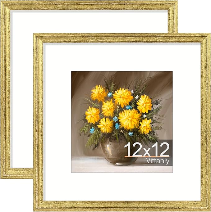 Vittanly 12x12 Picture Frames Set of 2, Ornate Vintage Photo Frame for Wall or Tabletop, Display 8x8 Pictures with Mat or 12x12 without Mat, Rustic Gold