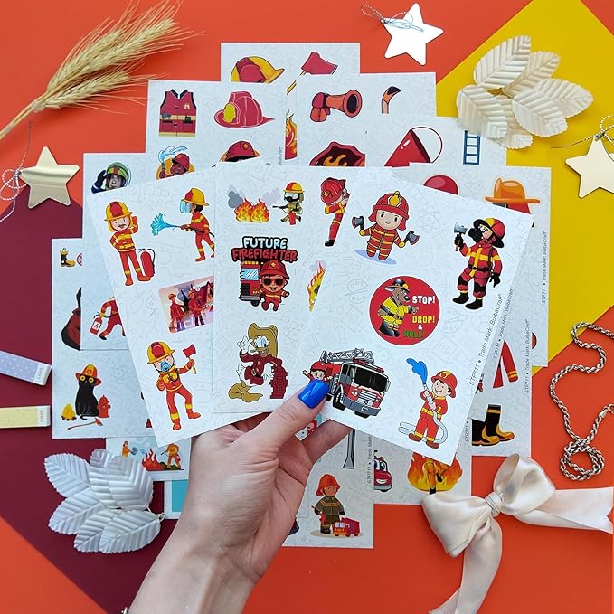 BulbaCraft Firefighter Stickers for Kids, 100Pcs Vinyl Decals, Waterproof, Reusable, Party Favors, School Supplies, Fire Truck Theme, Unisex