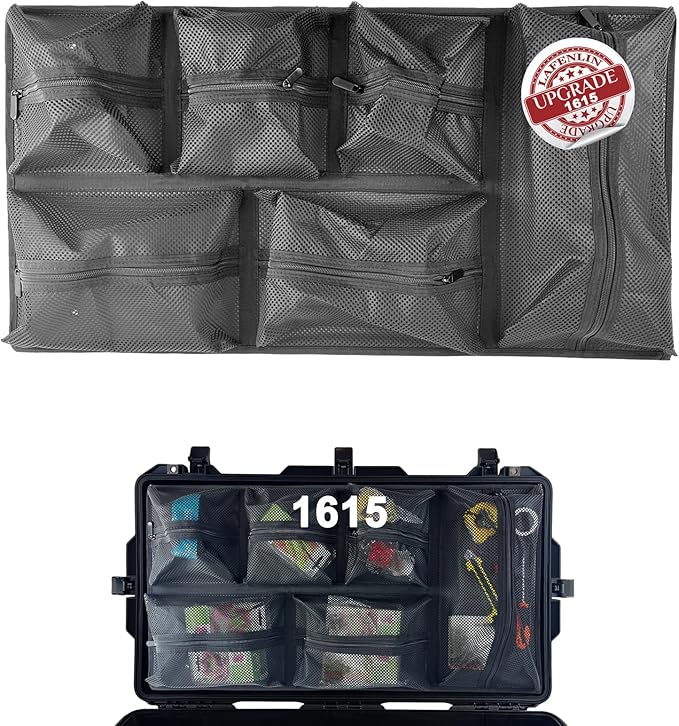 LAFENLIN UPGRADED Lid Organizer for Pelican 1615 Case [Max Capacity, Secure Transit] - 6-Pocket Thick Mesh Panel for Professional Photographers & Divers, Includes Screws & Hook and Loop