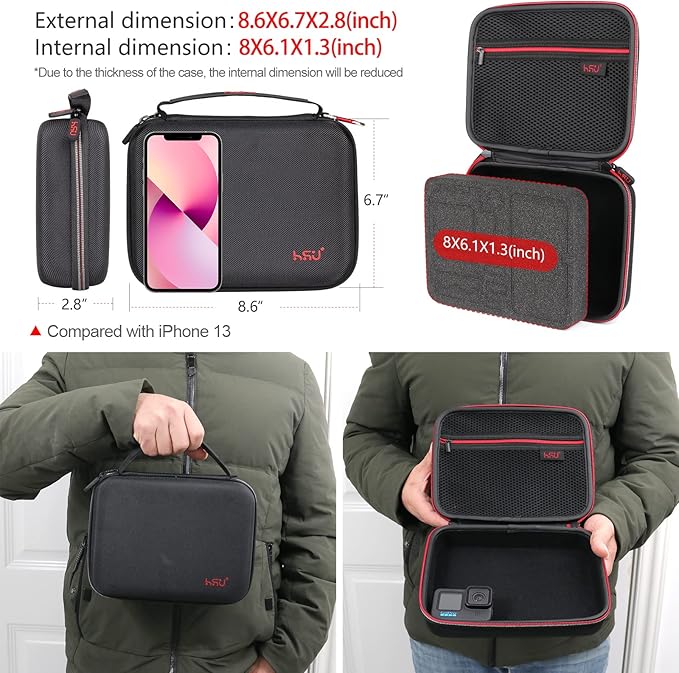HSU Middle Protective Carrying Case for GoPro Hero 13, 12, 11, 10, 9, 8, 7, 6, 5, 4 Black and Accessories, Compact and Safe Action Camera Travel Storage Solution for Adventurers