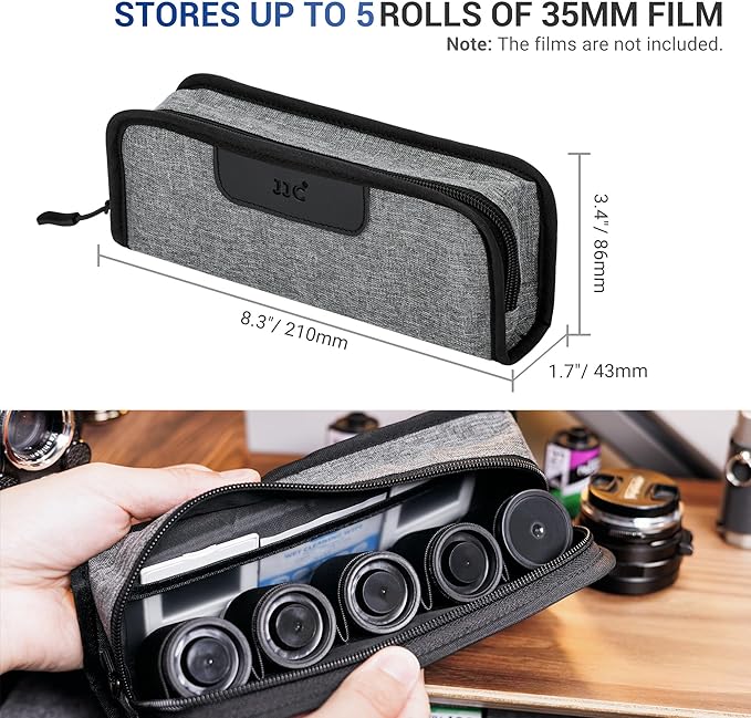 JJC Portable 35mm Film Canister Pouch, Compact Film Carrying Case Storage Bag for 5 Rolls of 35mm 135 film, Compact Film Cassette Holder Container Storage Box with Belt Loop and Strap (NO Film