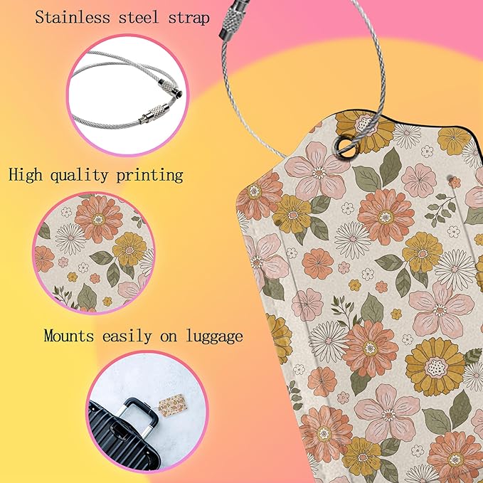 Luggage Tags for suitcases,2 Pack Retro Groovy Boho Flower Luggage Tag,Leather Stainless Steel Loop Label Tag for Women Men Girls Travel Bag Suitcase