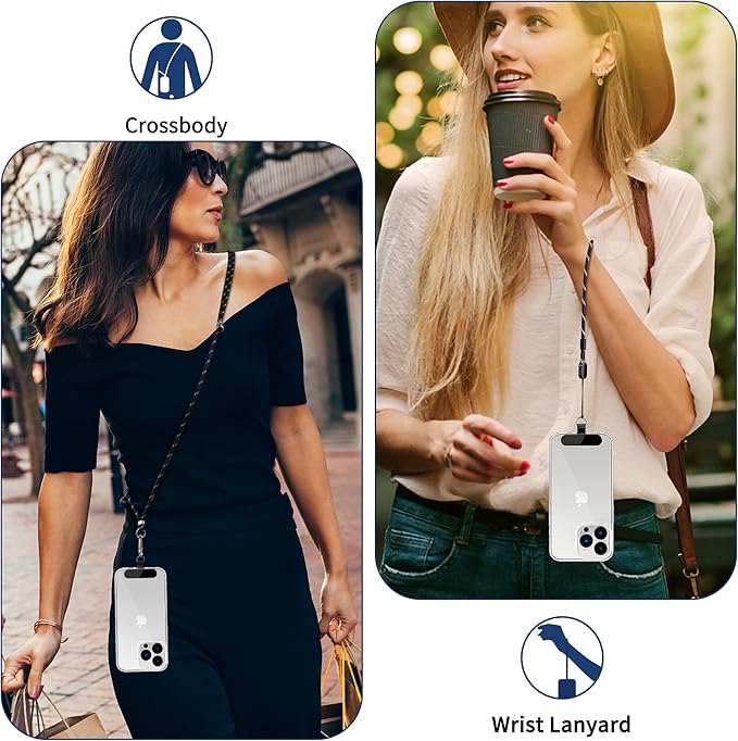CACOE Phone Lanyard 2 Pcs-1 Pcs Adjustable Neck Strap, 1 Pcs Wrist Strap, 2 Pads, Universal Crossbody Multifuctional Cell Phone Lanyards Compatible with Most Smartphones(Black Silver)