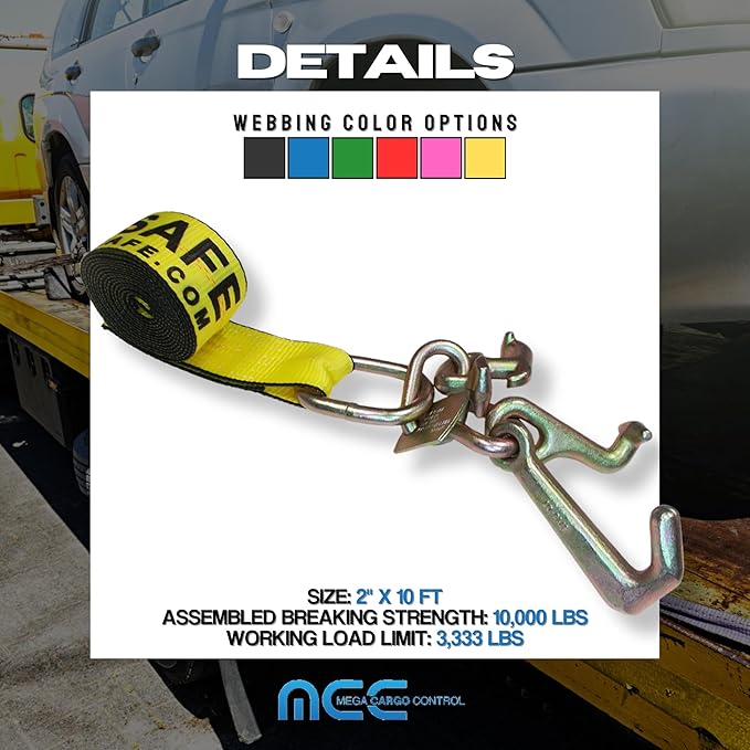 Mega Cargo Control 2" x 10' Tie Down Recovery Cluster Strap - Heavy Duty Towing Straps with RTJ Hooks for Tow Trucks, Flatbeds, Trailers (Yellow, 4 Pack)