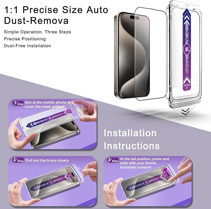 CHRYSHA 2 Pack Screen Protector for iPhone 15 Pro Max, 9H Tempered Glass, Full Coverage, Anti-Fingerprint, Auto Dust-Elimination, No Bubble, Easy Installation