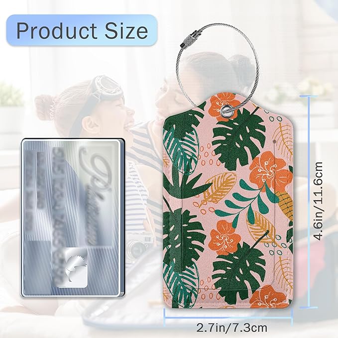 3 Pack Palm Leaves Luggage Tags,Tropical Flowers PU Leather Luggage Tags for Suitcase,Name ID Labels with Privacy Cover Suitcases and Metal Loop for Travel Bag Suitcase