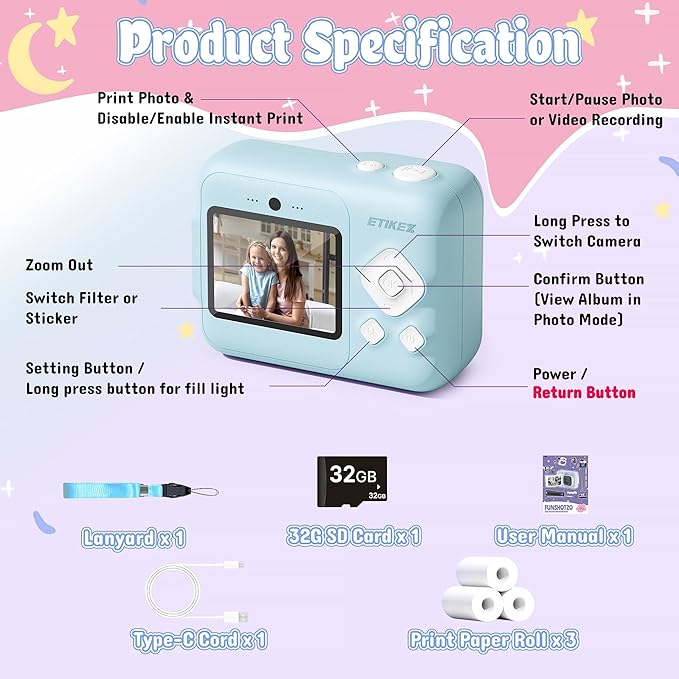 ETIKEZ Kids Camera, 1080P Instant Digital Print Camera for Kids, Christmas Birthday Gifts for 4 5 6 7 8 9 10 Year Old Girls Boys, Portable Toy with 32GB SD Card & 3 Rolls Printing Paper, Blue
