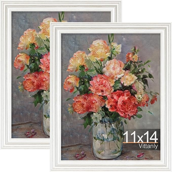 Vittanly 11x14 Picture Frames Set of 2, Ornate Vintage Photo Frame for Wall or Tabletop, Display 8x10 Pictures with Mat or 11x14 without Mat, Rustic White