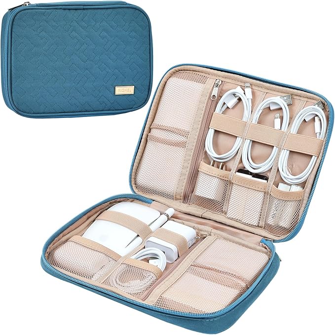 NISHEL Travel Cord Organizer Case, Tech Electronic Bag, Essentials for Charger, Cable, Phone, Hard Drive, USB, SD Card, Lake-Blue