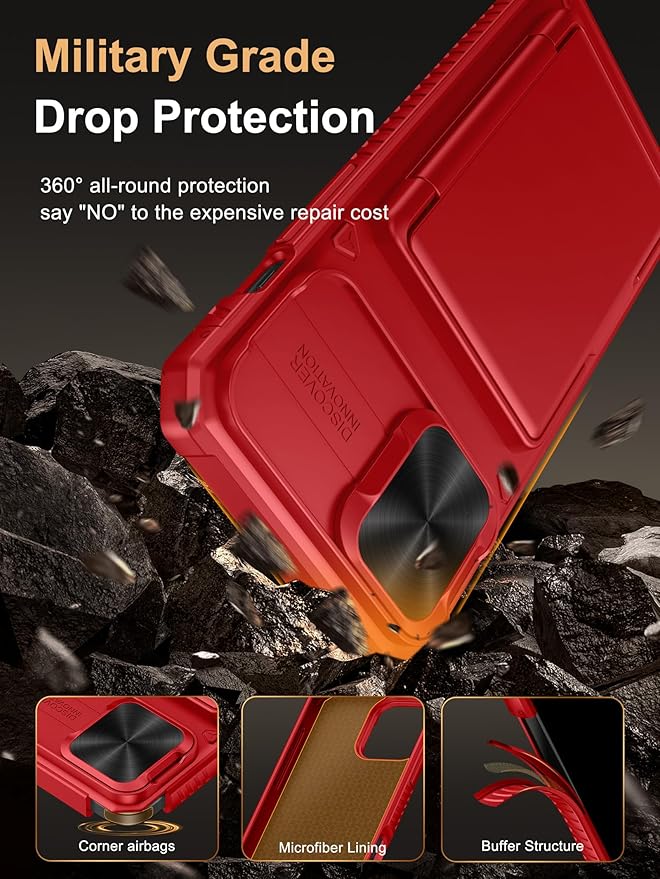Vihibii for iPhone 13 Pro Max/iPhone 12 Pro Max Case with Card Holder (4 Cards), [RFID Blocking] & Slide Camera Cover & Raised Edges Protect Screen, Heavy Duty Shockproof Wallet Phone Cover, Red