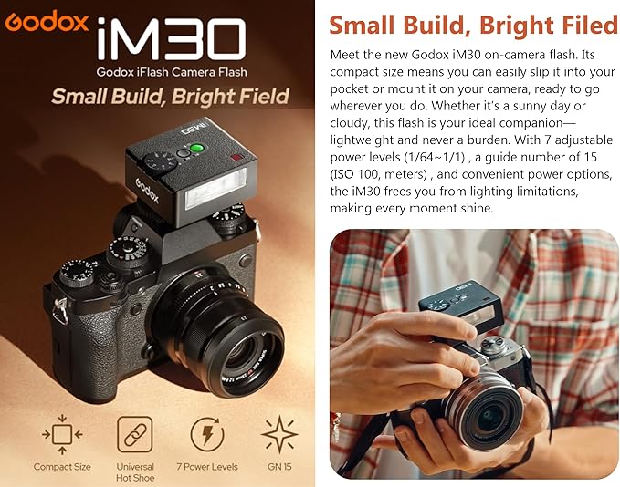 Godox iM30 Mini Flash Camera Flash, GN 15, 7 Power Levels, CCT 6500K±200K, IM 30 Mini Manual Flash Speedlite for Canon/Sony zv1/Sony zve10 /Ricoh gr3/Nikon/Fuji f1-230 Full-Power Flashes/3.6S Recycle