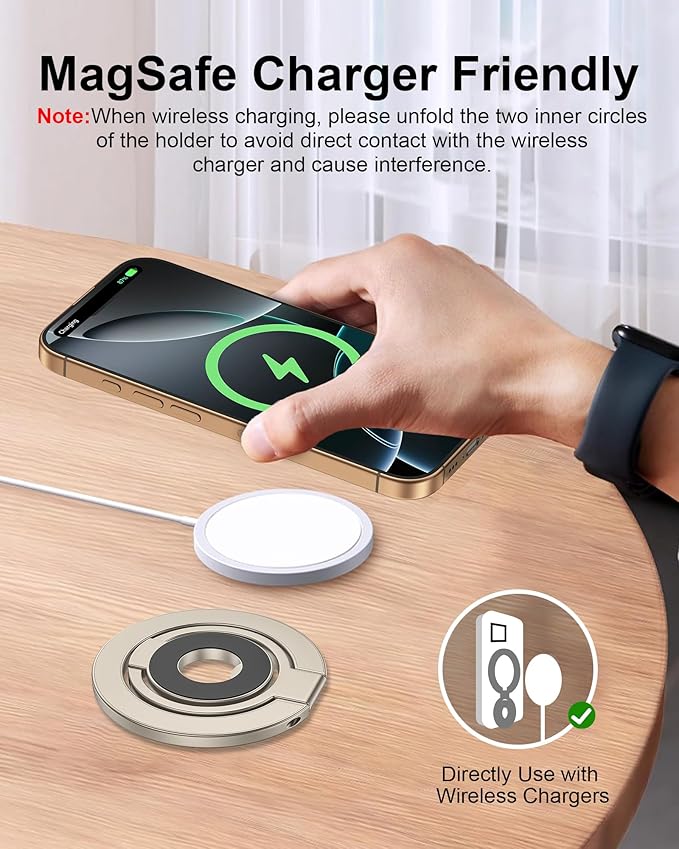 Portable Magnetic Phone Ring Stand, Dual-Side Phone Grip Holder for iPhone 17, Samsung, Foldable Kickstand Soporte Magnético para Cellular Compatible with Car Mount, Desk Stand, MagSafe & Cases-Gold