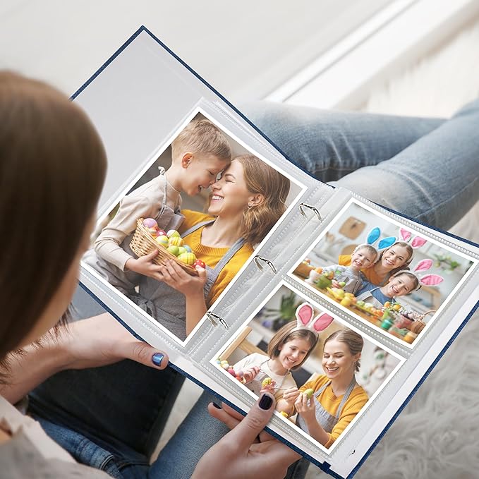 Archival photo album displaying family Easter moments, colorful eggs, and festive bunny ears.