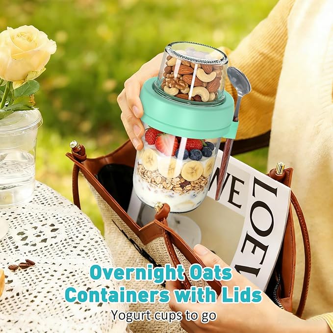 4 Pack Overnight Oats Containers with Lids and Spoons, 20 oz (16+4) Overnight Oats Jars with Dry and Wet Separation for Oatmeal Cereal Fruit Salad Yogurt, Dual-Layer Yogurt Parfait Cups with Lids