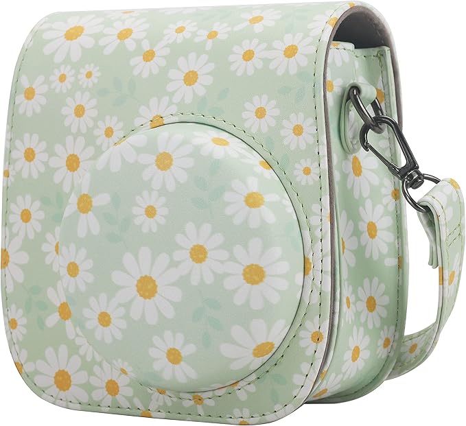 Frankmate Protective Case Compatible with Fujifilm Instax Mini 12 11 9 8 Instant Film Camera with Pocket and Adjustable Strap (Green Daisy)