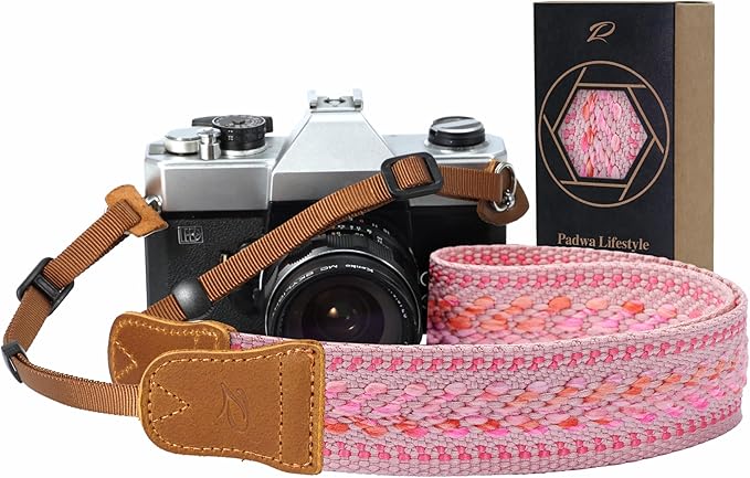 Padwa Lifestyle Speed Pink Camera Strap - 1.5" Soft Cotton Rope Weave Crazy Horse Cowhide Head Camera Straps for Photographers and All Cameras,Cute Adjustable Vintage Woven Strap for Adults & Kids