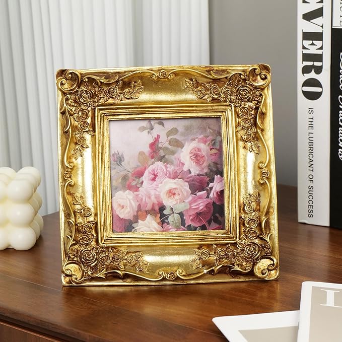 Cuspin Ornate Gold Picture Frame 4x4, Vintage Square Resin Photo Frame with Rose Floral Carvings, Glass Front, Tabletop Easel & Wall Mount (Horizontal/Vertical), Fits 4x4 Photo
