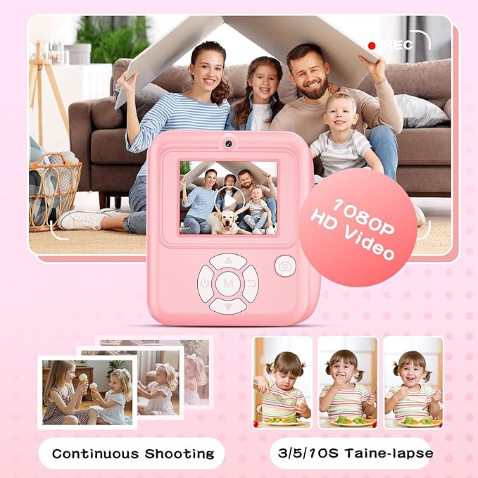 Kids Camera Instant Print Color Photos, Dual-Lens Instant Print Camera for Kids, Toddler Portable Travel Digital Camera Toy for 6 7 8 Year Old Boys Girls Christmas Birthday Gifts 64GB Card