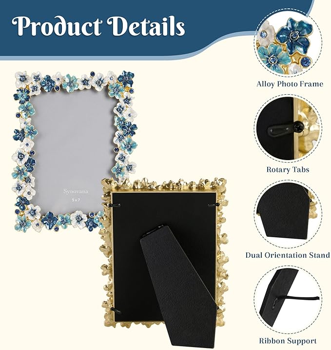 Blue Flower Picture Frame 5x7 Blossom Photo Frame for Tabletop Display, Decorative Flower Design Home Decor
