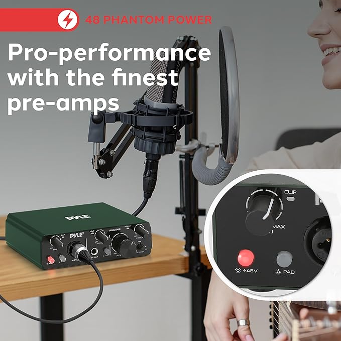 Pyle USB Audio Interface for Recording Music, Podcasting, and Streaming – 2-IN/2-OUT, 24bit/192kHz, Low-Noise, High-Fidelity Studio Quality, USB Powered, Rugged Metal Chassis, 5.9" x 4" x 1.8"